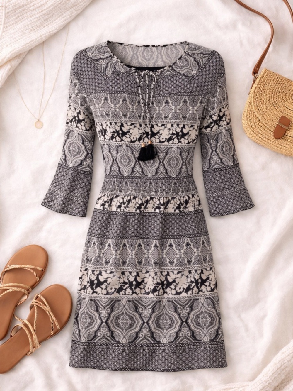 WHBM Boho Tunic Dress Black White Print Tassel Tie 3/4 Sleeve Flowy Casual Chic
